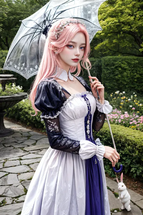 (masterpiece, best quality, extremely delicate, beautiful, highres, original),beautiful female, long pink hair, purple eyes, arrogant smile, arrogant look, garden, medieval dress, with an umbrella, white rabbit,
<lora:add_detail:1>,