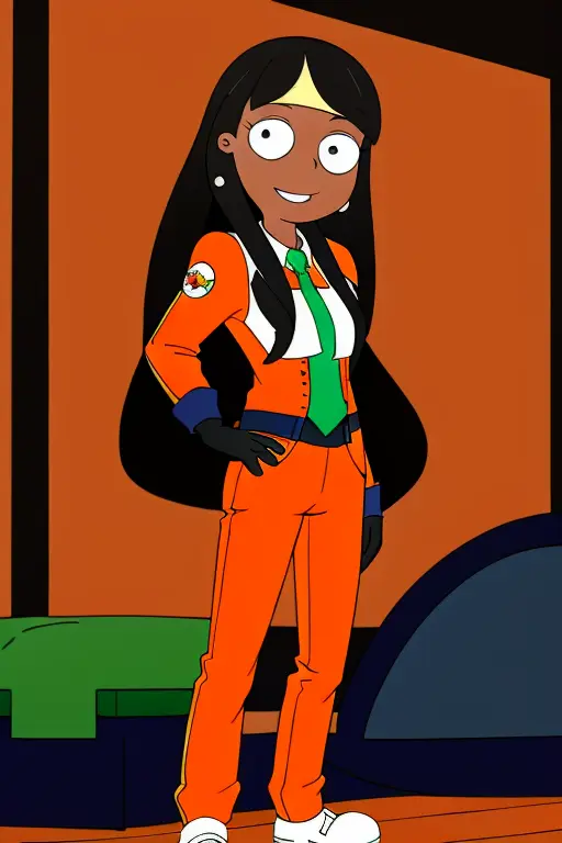fully dressed, <lora:rttcs-100:0.9> , solo, hsad with straight black hair and a green headband in an orange rebel pilot suit on the deck of a rebel carrier, orange suit, white eyes, black pupils, one pupil per eye , <lora:starWarsRebelPilotSuit_v02:.85>,