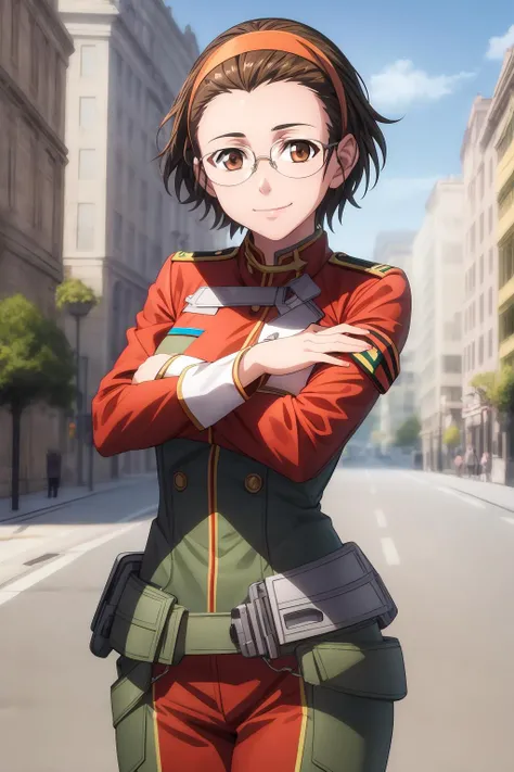 hires, best quality, masterpiece, 1girl, solo, looking at viewer, smile, short hair, brown hair, brown eyes, glasses, hairband, tsugumi_rosenmeier, poses, military outfit, special force uniform, outdoor
