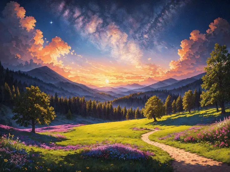 Impressionist painting sky,tree,cloud,scenery,outdoors, mountains,lake,sunset,star \(sky\),flower,starry sky,cloudy sky,no humans,twilight,nature,wind,masterpiece,best quality,very aesthetic,absurdres <lora:StarryMountainWildernessV1.0:0.7> . Loose brushwork, vibrant color, light and shadow play, captures feeling over form