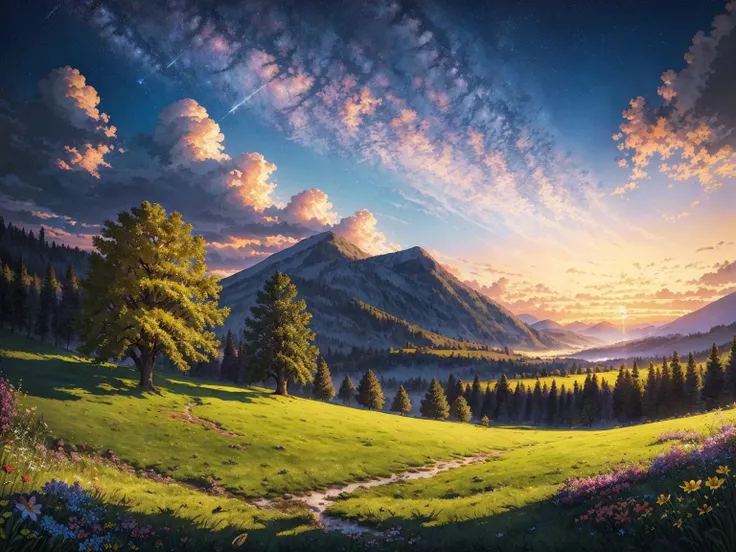 Impressionist painting sky,tree,cloud,scenery,outdoors, mountains,lake,sunset,star \(sky\),flower,starry sky,cloudy sky,no humans,twilight,nature,wind,masterpiece,best quality,very aesthetic,absurdres <lora:StarryMountainWildernessV1.0:0.7> . Loose brushwork, vibrant color, light and shadow play, captures feeling over form