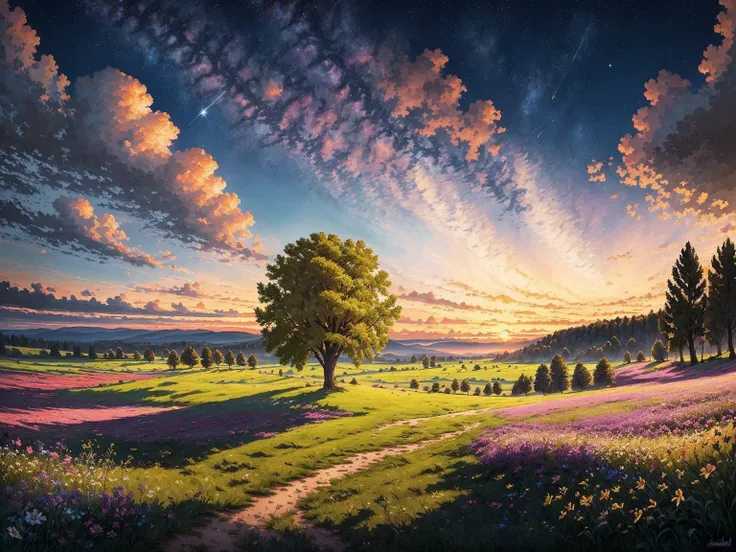 Impressionist painting sky,tree,cloud,scenery,outdoors,grasslands,lake,sunset,star \(sky\),flower,starry sky,cloudy sky,no humans,twilight,nature,wind,masterpiece,best quality,very aesthetic,absurdres <lora:StarryMountainWildernessV1.0:0.7> . Loose brushwork, vibrant color, light and shadow play, captures feeling over form