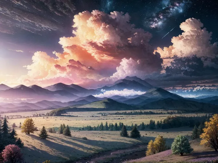 (Extremely Detailed Oil Painting:1.2), sky,tree,cloud,scenery,outdoors,mountains,mountainous,sunset,star \(sky\),flower,starry sky,cloudy sky,no humans,twilight,nature,wind,masterpiece,best quality,very aesthetic,absurdres <lora:StarryMountainWildernessV1.0:0.7>, glow effects, godrays, Hand drawn, render, 8k, octane render, cinema 4d, blender, dark, atmospheric 4k ultra detailed, cinematic sensual, Sharp focus, humorous illustration, big depth of field, Masterpiece, colors, 3d octane render, 4k, concept art, trending on artstation, hyperrealistic, Vivid colors, extremely detailed CG unity 8k wallpaper, trending on ArtStation, trending on CGSociety, Intricate, High Detail, dramatic