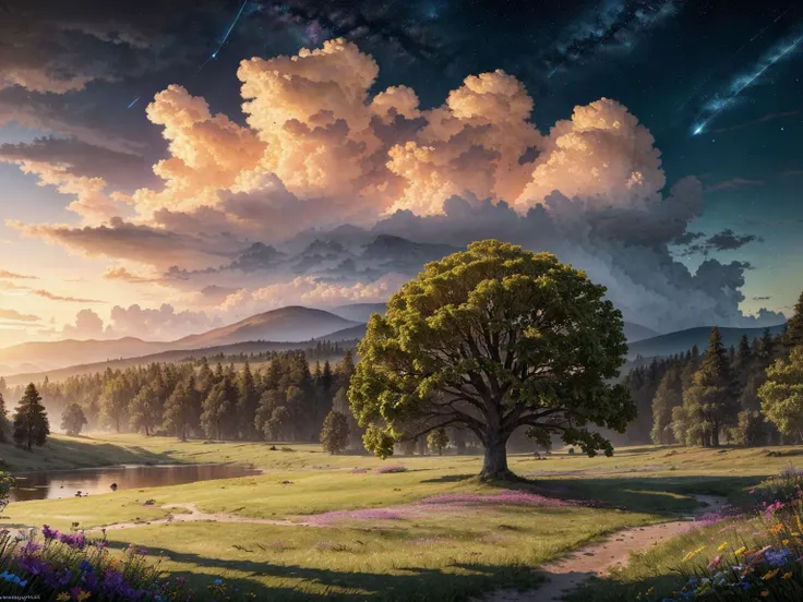(Extremely Detailed Oil Painting:1.2), Impressionist painting sky,tree,cloud,scenery,outdoors,grasslands,lake,sunset,star \(sky\),flower,starry sky,cloudy sky,no humans,twilight,nature,wind,masterpiece,best quality,very aesthetic,absurdres <lora:StarryMountainWildernessV1.0:0.7> . Loose brushwork, vibrant color, light and shadow play, captures feeling over form, glow effects, godrays, Hand drawn, render, 8k, octane render, cinema 4d, blender, dark, atmospheric 4k ultra detailed, cinematic sensual, Sharp focus, humorous illustration, big depth of field, Masterpiece, colors, 3d octane render, 4k, concept art, trending on artstation, hyperrealistic, Vivid colors, extremely detailed CG unity 8k wallpaper, trending on ArtStation, trending on CGSociety, Intricate, High Detail, dramatic
