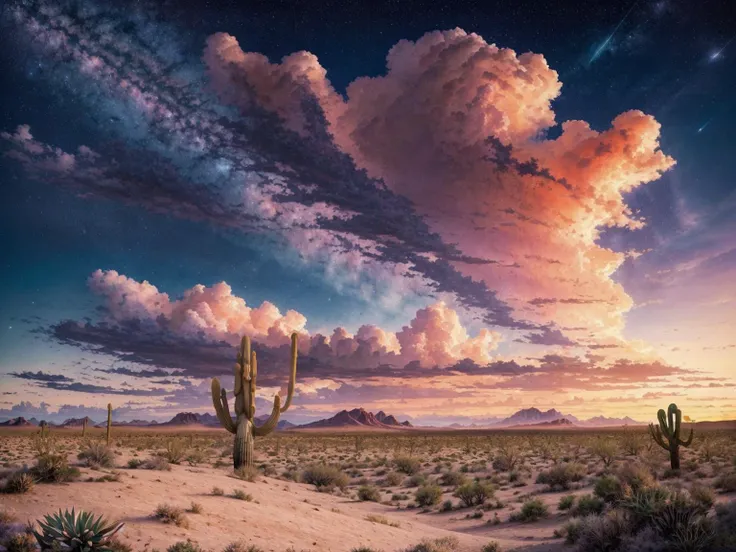 [professional::0.3][intricate:0.3:0.7][digital:0.7]-photography, fantasy concept art, photograph of sky,cactus,cloud,scenery,outdoors,desert,sunset,star \(sky\),flower,starry sky,cloudy sky,no humans,twilight,nature,wind,masterpiece,best quality,very aesthetic,absurdres <lora:StarryMountainWildernessV1.0:0.7>, <lora:add_detail:1>, magnificent, painterly, epic, majestic, fantasy art, cover art, picture-perfect