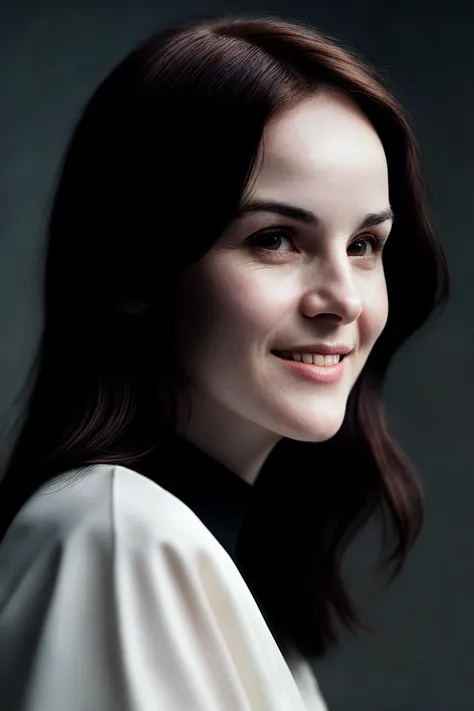MichelleD_SoloTI_v1, PA7_Portrait-ECU, (happy,smile:1.3), (Wearing a crisp white shirt paired with tailored trousers and minimalist jewelry, with sleek hair and subtle makeup), (In a sleek, modern art gallery, with clean lines and minimalist decor, where every detail is carefully curated for maximum impact:1.3), (seductive:1.3),(analog, cinematic, film grain, hazy atmosphere, cinematic shot:1.3), <lora:add_detail:0.6>,<lora:LowRa:0.6>