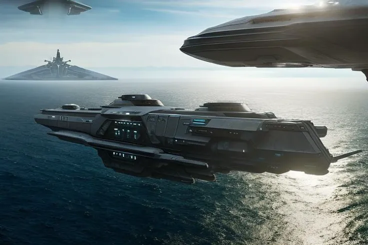 Dystopian style large sci-fi floating city on a ocean planet, (spaceship) in sky, star citizen, star atlas, pulp-sf . Bleak, post-apocalyptic, somber, dramatic, highly detailed