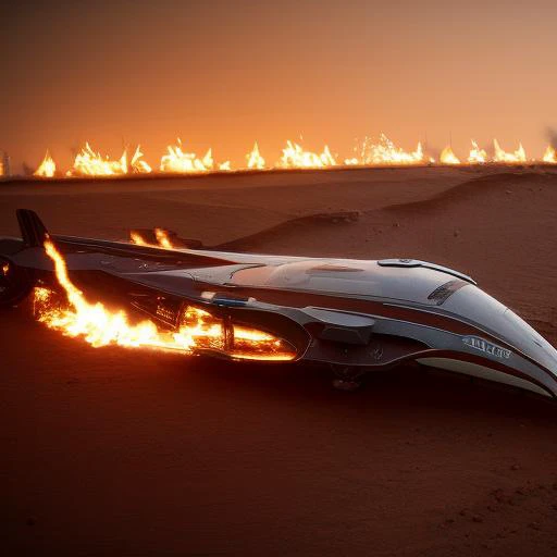 sci-fi spaceship crash site, in a desert, eve online, star citizen, elite dangerous , render, exposed wiring of missing wing, wreckage, burning wreck of a spaceship, roaring flames