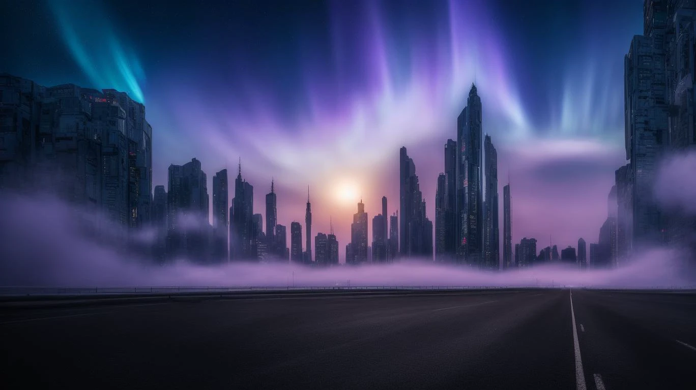 an extremely high-quality photo of a massive cyberpunk sci-fi city, (dark night:1.1), aurora borealis, milky way stars across the sky above the clouds, meteor rain, mysterious night, big moon behind mountains at the horizon, purple haze, neon lights below the valley lighting up the fog, lots of (tall skyscrapers:1.2) with neon signs sticking out of the fog, roads, street lamps, <lora:nomomassive:0.25>, masterpiece, photo realistic, 4k, highly detailed, highest quality, ultra detailed photograph, sharp focus, high resolution, Fujifilm XT3, <lora:epi_noiseoffset2:1>