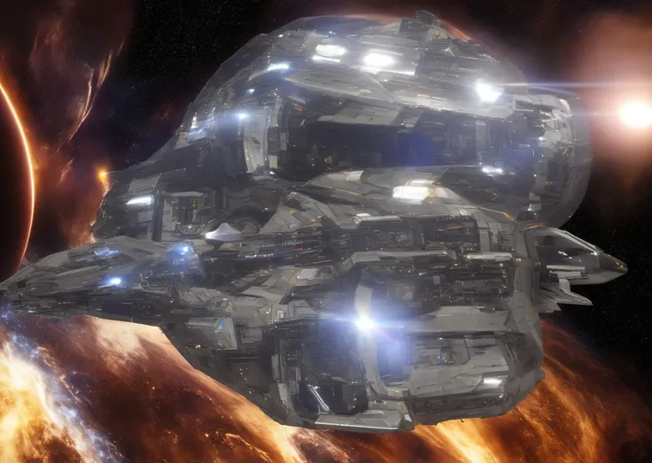 Envision a small spaceship cargo hauler resembling a tanker-hauling truck, gliding amid distant, dim stars. I features a beautiful panoramic-view cockpit in the front, it's set against a backdrop of faint stars and a dark planet. Inspired by the Millennium Falcon's design, it melds advanced sci-fi tech into its impactful silhouette.