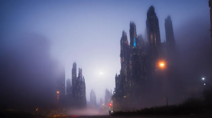 an extremely high-quality photo of a big cyberpunk sci-fi city, (dark night:1.1), aurora borealis, milky way stars across the sky above the clouds, meteor rain, mysterious night, big moon behind mountains at the horizon, purple haze, neon lights below the valley lighting up the fog, lots of (tall skyscrapers:1.2) with neon signs sticking out of the fog, roads, street lamps, masterpiece, photo realistic, 4k, highly detailed, highest quality, ultra detailed photograph, sharp focus, high resolution, Fujifilm XT3, <lora:epi_noiseoffset2:1>
