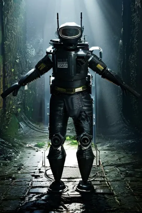 underwater suit, deep underwater, soma game style, mossy metal, suit rendering, horror, dark ambient, faint rays of light, ((gaslifts around calves and belly))