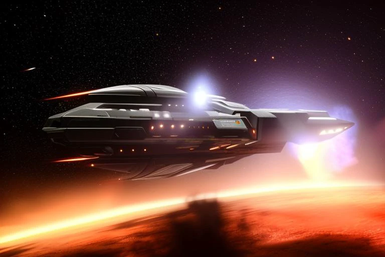 Photorealistic image of a futuristic sci fi spaceship. Symmetrical. Between galaxies. Slow motion. Render. Star citizen. Eve online. Scene from the TV show Babylon 5.