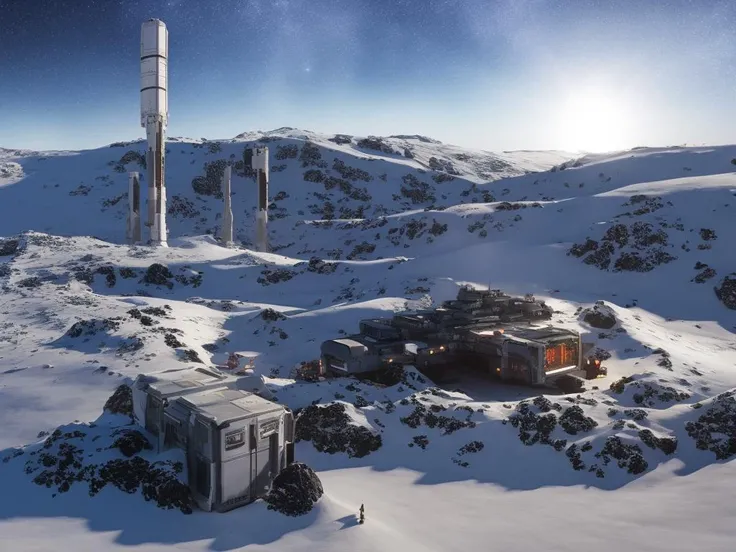 A render of a sci-fi space outpost on a frozen ice planet