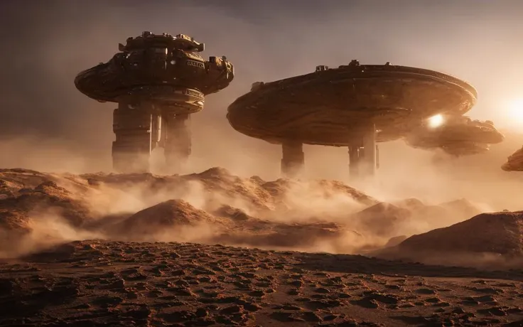 a render of alien sci-fi city,desert,ultra detailed, ultra realistic,spacecraft,sand storm,high resolution, high quality
