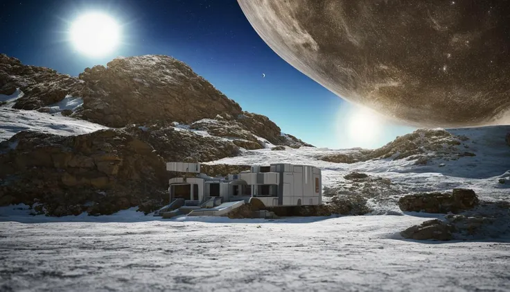 A render of a sci-fi palace on an ice planet, night, galaxy sky