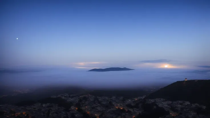 an extremely high-quality photo of a big cyberpunk sci-fi city, (dark night:1.1), aurora borealis, milky way stars across the sky above the clouds, meteor rain, mysterious night, big moon behind mountains at the horizon, purple haze, neon lights below the valley lighting up the fog, lots of (tall skyscrapers:1.2) with neon signs sticking out of the fog, roads, street lamps, masterpiece, photo realistic, 4k, highly detailed, highest quality, ultra detailed photograph, sharp focus, high resolution, Fujifilm XT3, <lora:epi_noiseoffset2:1>