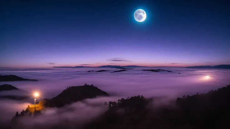 an extremely high-quality photo of a big cyberpunk sci-fi city, (dark night:1.1), aurora borealis, milky way stars across the sky above the clouds, meteor rain, mysterious night, big moon behind mountains at the horizon, purple haze, neon lights below the valley lighting up the fog, lots of (tall skyscrapers:1.2) with neon signs sticking out of the fog, roads, street lamps, masterpiece, photo realistic, 4k, highly detailed, highest quality, ultra detailed photograph, sharp focus, high resolution, Fujifilm XT3, <lora:epi_noiseoffset2:1>