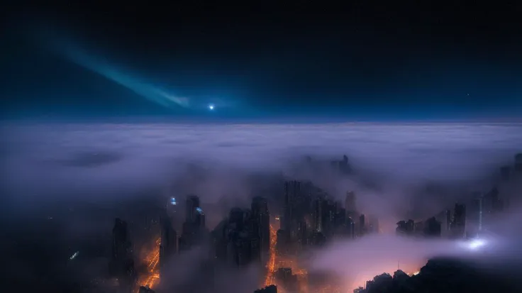 an extremely high-quality photo of  a massive cyberpunk sci-fi city, (dark night:1.1), aurora borealis, milky way stars across the sky above the clouds, meteor rain, mysterious night, big moon behind mountains at the horizon, purple haze, neon lights below the valley lighting up the fog, lots of (tall skyscrapers:1.2) with neon signs sticking out of the fog, roads, street lamps, <lora:nomomassive:0.25>, masterpiece, photo realistic, 4k, highly detailed, highest quality, ultra detailed photograph, sharp focus, high resolution, Fujifilm XT3, <lora:epi_noiseoffset2:1>