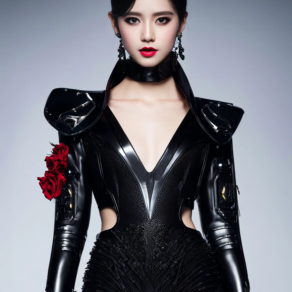 PureErosFace_V1 EMB_tallgirlstyle-500, ((techwear)), futuristic armor, (((cybernetic armor))), cyber helmet, fishnet style (((gothic dress))) with (((roses))), perfect eyes, blue eyes, (multicolor), (((black lips))), proportional eyes,(skindentation:1.2), gothic, gloomy, realistic, masterpiece, highest quality, highres, (wet white dress:1.3), beautiful vampire princess, cute, sci-fi, caspian sci-fi , render, modelshoot style, (extremely detailed CG unity 8k wallpaper), full shot body photo of the most beautiful artwork in the world, professional majestic oil painting, trending on ArtStation, trending on CGSociety, Intricate, High Detail, Sharp focus, dramatic