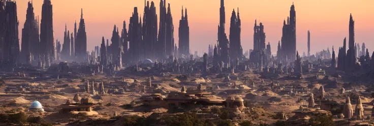 a render of sci-fi city planet with buildings rising from sand dunes. ultra detailed, ultra realistic, high resolution, high quality, cyberpunk, star wars, beautiful, elegant, rich, expensive, masterpiece, award-winning, desert, sand, river