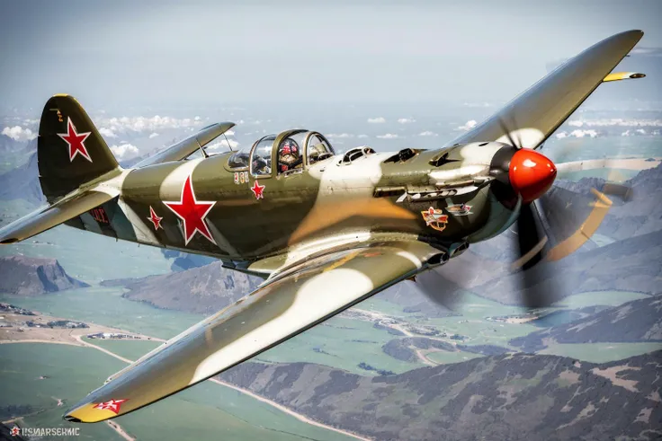 (masterpiece, best quality:1.2), ultra-detailed, flying Yak9, (realistic:1.5), <lora:EdobYak9_v1.0:1>