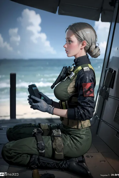 (masterpiece, best quality:1.2), <lora:falck_(battlefield_2042):.9>, falck (battlefield 2042), 1girl, solo, gloves, breasts, large breasts, load bearing vest, uniform, military uniform, boots, holster, holding, grey hair, sitting, beach, day, sky, cloud, ocean, yokozuwari, umbrella, outdoors, profile, from side