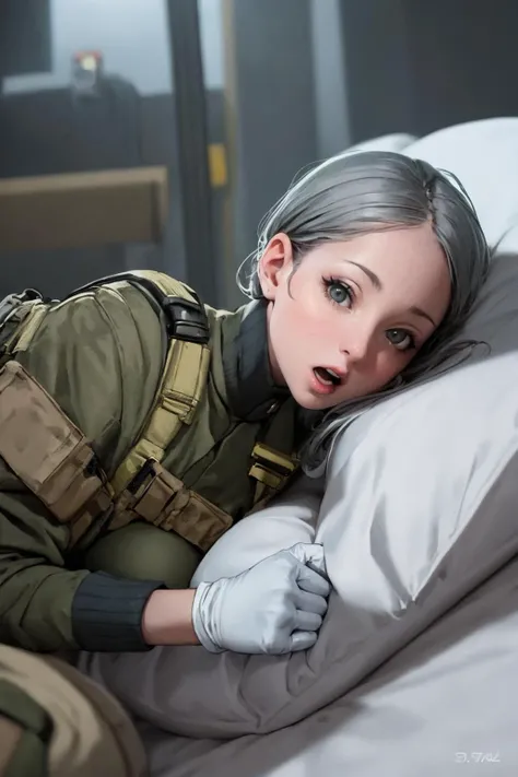 (masterpiece, best quality:1.2), <lora:falck_(battlefield_2042):.9>, falck (battlefield 2042), 1girl, solo, gloves, breasts, large breasts, short hair, load bearing vest, uniform, military uniform, holster, holding, grey hair, open mouth, (lying:1.2), !, looking at viewer, !!, grabbing own breast, foreshortening, reaching towards viewer, grabbing, bed sheet, indoors, (on side:1.2),