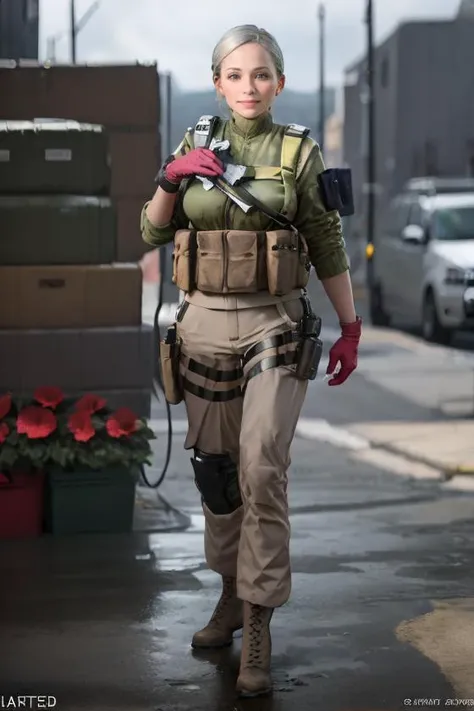 (masterpiece, best quality:1.2),  <lora:falck_(battlefield_2042):.9>, falck (battlefield 2042), 1girl, solo, gloves, breasts, large breasts, load bearing vest, uniform, military uniform, boots, holster, holding, grey hair, flower, smile, looking at viewer, water, closed mouth, pink flower, outdoors, arm up, hand up, red flower, wading, hibiscus, blurry, cowboy shot, day, blurry foreground