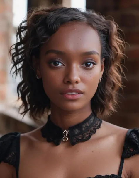 sophwilde girl australian looking at camera, dark-skinned, high contrast, (natural skin texture, hyperrealism, soft light, sharp), freckles, (acne:0.6), ultra detailed texture gothic corset <lora:sophwilde:1>, aesthetic, smile