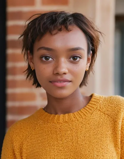sophwilde girl australian looking at camera, dark-skinned, high contrast, (natural skin texture, hyperrealism, soft light, sharp), freckles, (acne:0.6), ultra detailed texture yellow sweater, short hair <lora:sophwilde:1>, aesthetic, smile