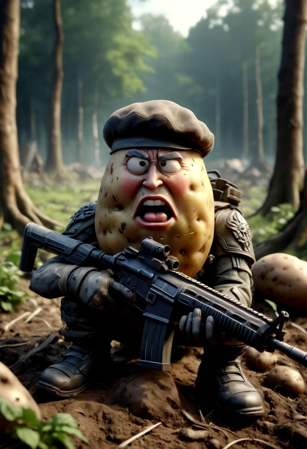 realistic view of potato character in 3d cartoon style, strong design, ( potato character :2) (beret) in war seated on roots after battle, tired, looking like rambo, holding a black assault rifle <lora:XL_Weapon_Assault_Rifle_-_By_HailoKnight:0.75>, serious face, angry, screaming, fucking war, garden background, color graded cinematic, tilt shift, vignette, bokeh, shadow depth of field, intricate