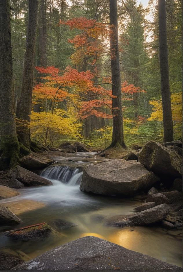 (bright floor level photo within Canadian Mountain Range, National Park, during the last week of September at the height of fall colors)(reds, yellows)(cold air after heavy rainfall rushing waters)(perfect AM lighting conditions with god yays and a feeling of splendor and humility)(long exposure on wide format)(rays of sunshine on the forest floor)(ancient pagan alter)in foreground)(with true film high dynamic range award winning image, legacy artwork, 8k)(processing: .25 unsharp mask, S curve, dodge and burn, mid-level contrast, dark edge vignette)
<lora:LCM-LoRA-XL_V1:0.1>
<lora:SDXLHighDetail_v5:0.7>
<lora:add-detail-xl:0.7>