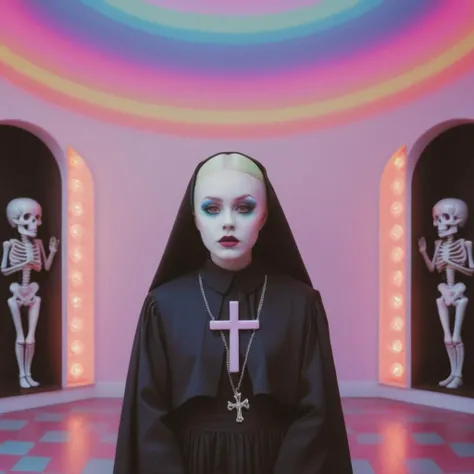<lora:add-detail-xl:0.8> ((fullbody: 1.3)) ((perfect face: 1.3)) ((perfect inverted neon cross: 1.3)) (( a satanic image of a<lora:add-detail-xl:1>((<lora:add-detail-xl:0.8> ((fullbody:1.3)) ((mark ryden:1.3)) ((pastel colour:1.3))two bears in a body and, in the style of pastel gothic, dolly kei, childlike innocence, undefined anatomy, lowbrow, close up, muted , dressed as black magic being held in an organ by a skeleton, light pink and white, emilia wilk, laurie lipton, kawaii art, zigzags, disfigured forms, in the style of kitsch aesthetic, candycore, eerily realistic, kawaiipunk, dark pink and light pink, rinpa school, color stripes, vintage hasselblad 35mm, Hazeltine Color Analyzer <lora:bigeyes-v2_16x8-4x1:0.4> big eyes, anime eyes: 1.3)), opal colour Curly Finger Waves hair, perfect violet eyes in the style of larry carlson, fujifilm eterna vivid 500t, playful, youthful images, rainbowcore, a nun dressed like a monster looking at the camera, in the style of minimalist figures, mysterious backdrops, photography installations, cut-out silhouettes, hyper-realistic portraits, mcdonaldpunk, letras y figuras , 3d, kawaii aesthetic,fractal geometric patterns with rainbow hues :1.5)) ((black and white tiles with pastel coloured rainbows hues fractals fantasy image with a perfect inverted neon cross's, in the style of medicalcore, light azure and pink :1.5)), (fractal geometric patterns with rainbow hues :1.5)) ((black and white tiles with pastel coloured rainbows hues fractals :1.5)), ((mushroomcore :1.4)), hyper realistic detail, perfect eyes, ((fullbody :1.5)), ((heart shaped lights :1.5)), stunningly pretty, maxim, 128k, cinematic quality cinematic lighting, 1080p, sharpen, hyperrealism, (( psychedelic lsd trip background :1.4)), ((bright coloured fractals :1.5)) ((Larry Carlson :1.3)), , cinematic quality, cinematic lighting, voodoo, sinister,128k, hyper realistic, pastel colour palette,((mark ryden 1.3)) <lora:Larry Carlson Style:0.8> Larry Carlson Style page <lora:Polaroid_Film:0.8> polaroid film photography, soft focus