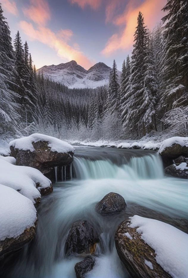 (extremely breathtaking stunning majestic elegant winter Canadian landscape, hyper detailed breathtaking view of rushing river across the tremendously majestic winter forest shimmering after rain colors at sunrise, high contrast natural lighting, impressively beautiful depiction, (with true film high dynamic range award winning image, legacy artwork, 8k)(processing: .25 unsharp mask, S curve, dodge and burn, mid-level contrast, dark edge vignette)
<lora:LCM-LoRA-XL_V1:0.21>
<lora:SDXLHighDetail_v5:0.5>
<lora:add-detail-xl:0.5>
<lora:ral-exposure:0.2> ral-exposure <lora:sdxl_photorealistic_slider_v1:1.5>