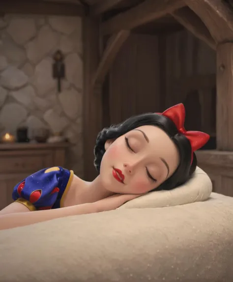 cinematic film still Snow White, sleeping in a cottage, shallow depth of field, vignette, highly detailed, high budget, bokeh, cinemascope, moody, epic, gorgeous, film grain, grainy <lora:princess_xl_v2:0.8>