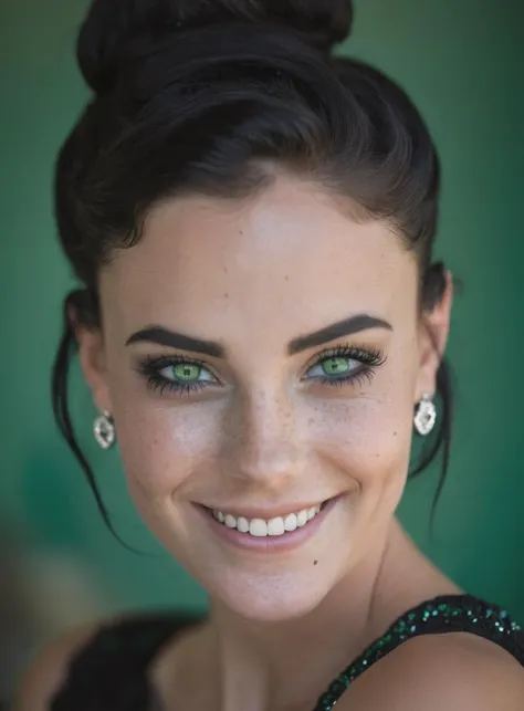 Imperfect, beautiful lady,(freckles:0.9), romantic smile, detailed green eyes, detailed iris, black hair in a bun, dark emo makeup, hyperdetailed photography, soft light, in the future, diamond earring,