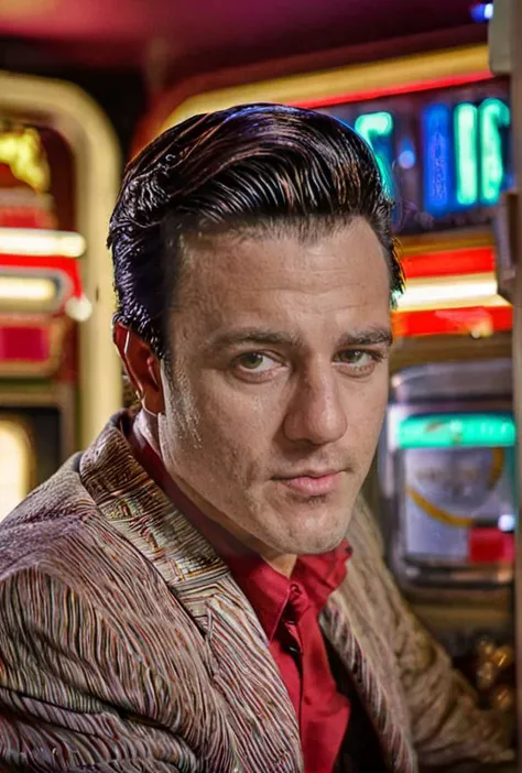 Portrait Photo of an actor in 1960s attire, leaning against a classic diner's jukebox, under vibrant and contrasting lighting, from a slightly tilted angle, embodying the mood of cool and retro )((dodge and burn, corner edge darken vignette)((exposure POP!!! hdr extremely intricate, High (Detail:1.1), Sharp focus, dramatic cinematic light, (8k textures, elegant, ((((cinematic look))))breathtaking, insane details))  
<lora:LCM-LoRA-XL_V1:0.21>
<lora:SDXLHighDetail_v5:0.5>
<lora:sdxl_photorealistic_slider_v1:1.6>