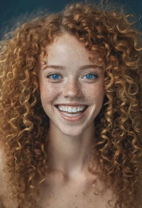 beautiful lady, (freckles), big smile, blue eyes, fuzzy curly hair, dark makeup, hyperdetailed photography, soft light, head and shoulders portrait, cover