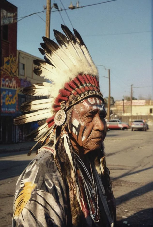 (Indian chief headress war paint standing in street intersection within modern US ghetto slum with grafitti and homeless)(sunset lighting old west style tones hues)
<lora:LCM-LoRA-XL_V1:0.21>
<lora:SDXLHighDetail_v5:0.3>
<lora:sdxl_photorealistic_slider_v1:1.2> . faded film, desaturated, 35mm photo, grainy, vignette, vintage, Kodachrome, Lomography, stained, highly detailed, found footage