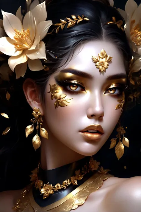 a close up of a woman with gold makeup and flowers in her hair, fantasy portrait art, sakimichan, cute face. dark fantasy, gorgeous digital painting, beautiful fantasy art portrait, xR cgsociety, beautiful digital painting, black and gold palette, stunning digital painting, fantasy art portrait, beautiful gorgeous digital art, black gold color scheme