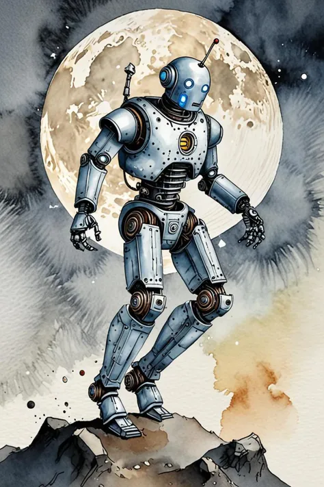 a robot destruction and jump kick in a large detailed moon in the style of watercolor wash, sexy :8, <lora:sdxl_lightning_8step_lora.safetensors:1.0>, <lora:add detail xl.safetensors:1.5>