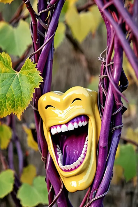 a yellow uneven teeth and concept photoset in a entwined in vines and nature in the style of heroic, purple color, <lora:sdxl_lightning_8step_lora.safetensors:1.0>, <lora:add detail xl.safetensors:1.5>