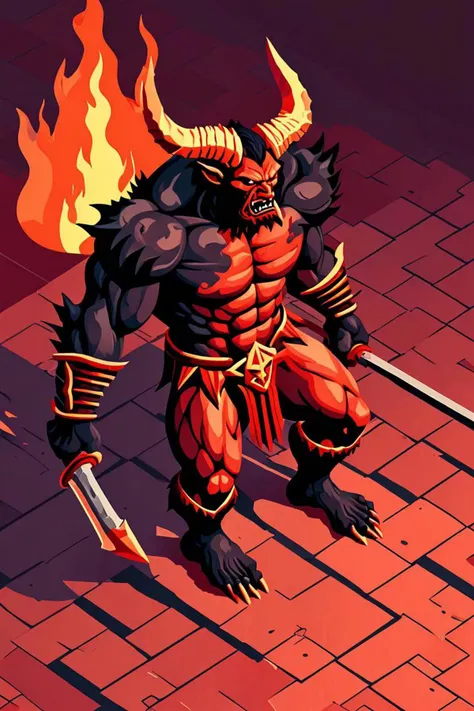 a negative mood and demon berserker in a early morning in the style of isometric style, red gold black, <lora:sdxl_lightning_8step_lora.safetensors:1.0>, <lora:add detail xl.safetensors:1.5>