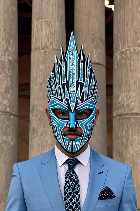 a wearing a light blue suit and pillars in a lightning flashes in the style of tribal mask inside mask, curious, <lora:sdxl_lightning_8step_lora.safetensors:1.0>, <lora:add detail xl.safetensors:1.5>