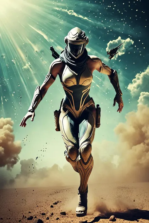 a soldiers running and of a beautiful female warframe in a descending from the heavens in the style of 35 mm photography, overlaid with arabic text, <lora:sdxl_lightning_8step_lora.safetensors:1.0>, <lora:add detail xl.safetensors:1.5>