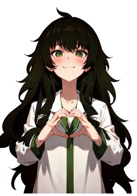 masterpiece, best quality, 1girl, solo, <lora:Maho_v2.2:0.65>, maho, dark green hair, very long hair, messy hair, bags under eyes, labcoat, standing, smile, blush, white background, simple background, hands