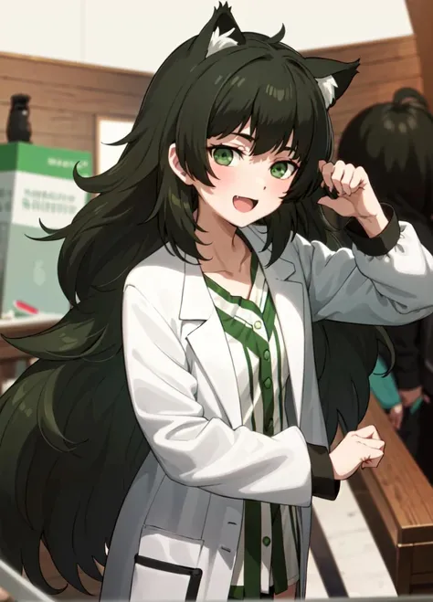 masterpiece, best quality, <lora:Maho_v2.2:0.7>, maho, solo, 1girl, messy hair, dark green hair, very long hair, green eyes, smile, messy hair, bags under eyes, labcoat, smile, paw pose, cat ears, blush, looking at viewer, fang, open mouth,