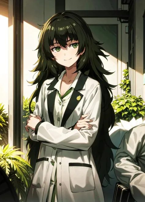 masterpiece, best quality, <lora:Maho_v2.2:0.7>, maho, solo, 1girl, messy hair, dark green hair, very long hair, green eyes, smile, messy hair, bags under eyes, labcoat, smile, looking at viewer, crossed arms,