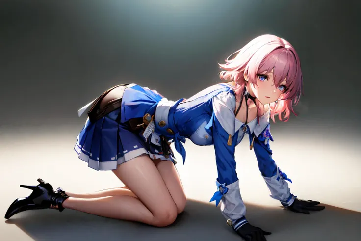 masterpiece, best quality,(detailed), <lora:marchseventh-lora-nochekaiser:1>, sexy, looking forward, on all fours, from side,
march seventh, blue eyes, hair between eyes, medium hair, pink eyes, pink hair, two-tone eyes,
ankle boots, archery shooting glove, badge, bare legs, black choker, black corset, black footwear, black gloves, blue jacket, blue skirt, boots, button badge, buttons, choker, collarbone, corset, earrings, flower ornament, gloves, high heel boots, high heels, jacket, jewelry, long sleeves, miniskirt, partially fingerless gloves, pleated skirt, shirt, single earring, single glove, skirt, thigh strap, tied jacket, underbust, white shirt,